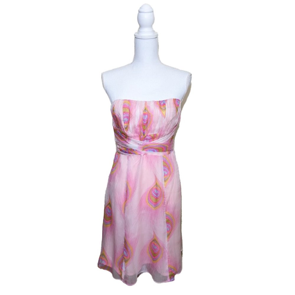 NANETTE LEPORE Strapless 100% Silk Chiffon Peacock Feather Dress